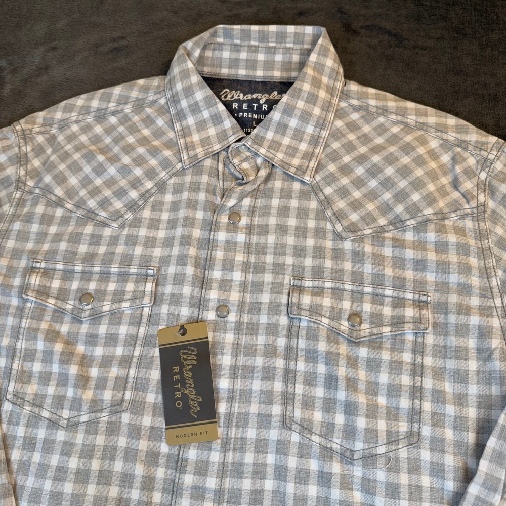 Wrangler Retro Premium Grey White Gingham Western Pearl Snap Shirt Men Large NWT